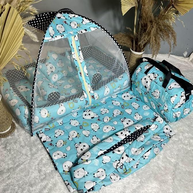 Fullset Kasur bayi kelambu tenda motif Panda Biru + Tas + Gendongan | Kasur bayi 1 set lengkap Banta