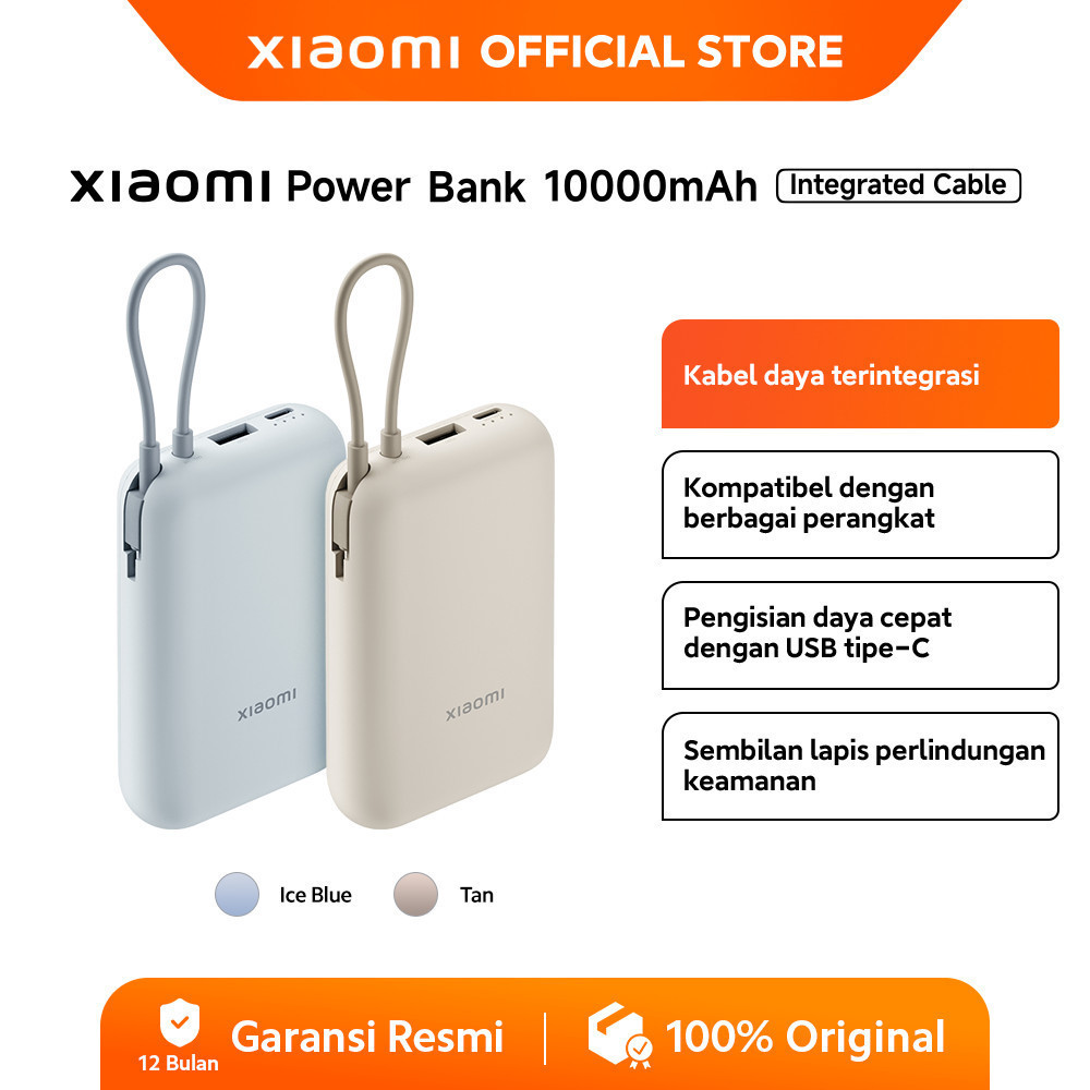 Xiaomi Power Bank 10000mAh | Kabel Daya Terintegrasi | Ringkas| Kompatibel Berbagai Perangkat | USB 