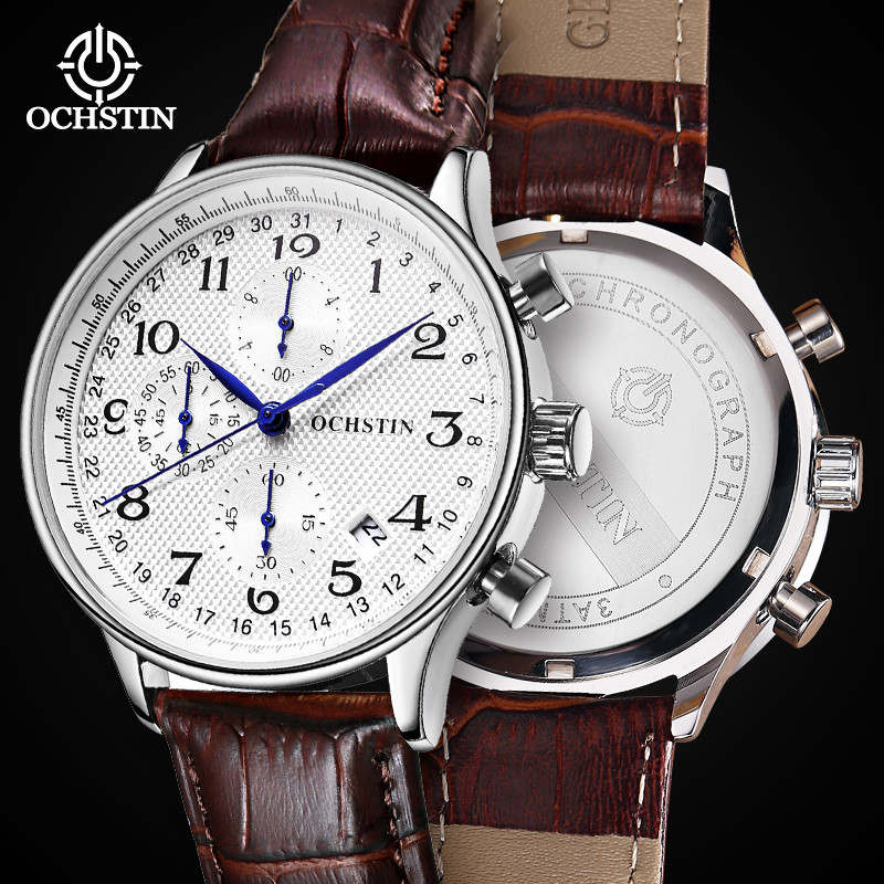 OCHSTIN Mens Luxury Watch Pilot Analog Quartz Chronograph Auto Date Leather Strap Wristwatch