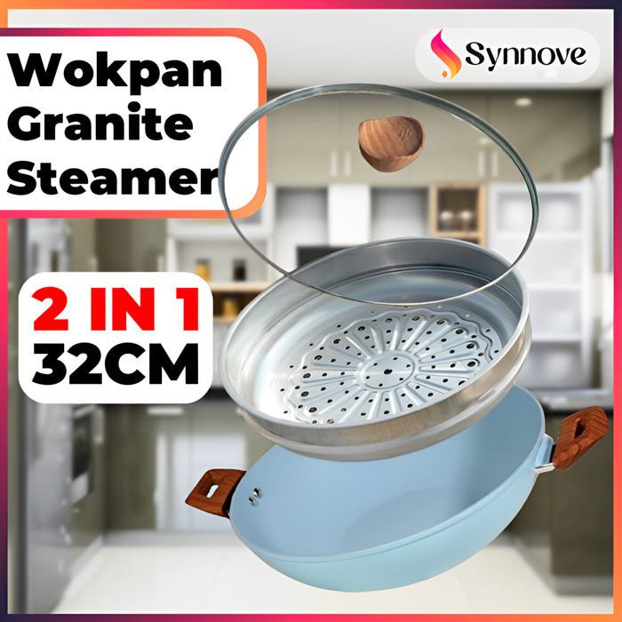Wajan Anti Lengket Granite 32 Cm 2 In 1 Penggorengan Panci Kukus Wok Pan Anti Lengket