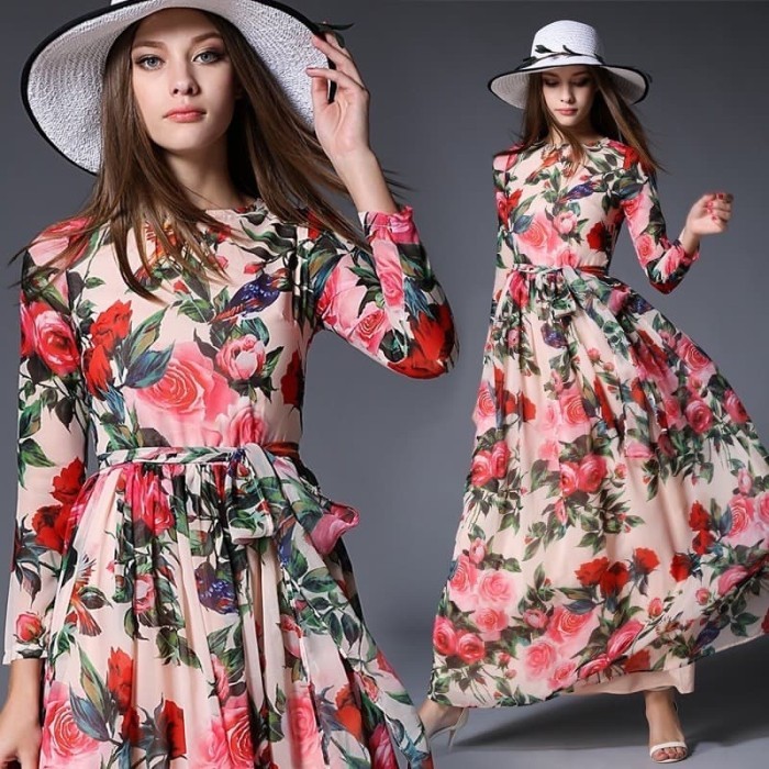 Potongan Harga Maxi Dress Gown Floral Vintage Casual Bangkok Hongkong Import Skr1056