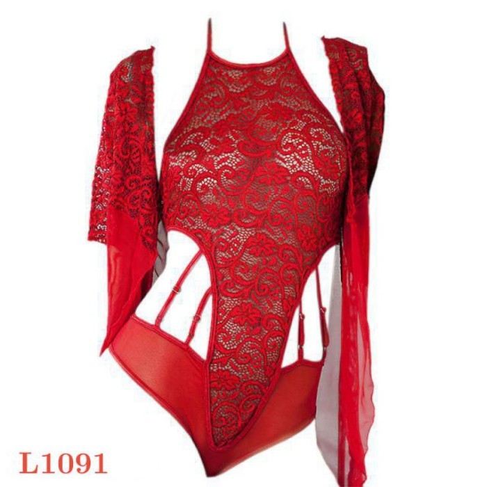L1091 Baju Tidur Haram Sexy Robe Kimono Lace Transparan Lengan Pendek