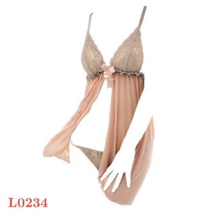 L0234 Baju Tidur Haram Sexy Babydoll Mini Dress Polos Krem Transparan