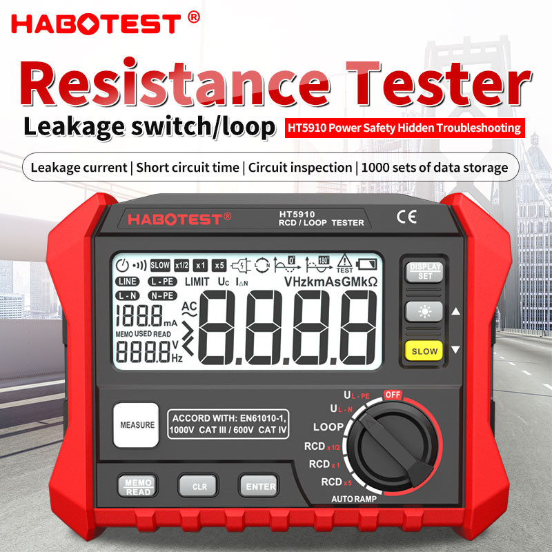 HONYA 4.7-inch large LCD Digital Resistance Meter RCD/Loop Tester HT5910 HT2302 1000 Data Storage 0~