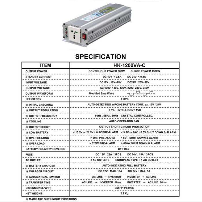 Power Inverter UPS DC AC Plus Charger Accu HK1200VA 12V Hachiko Taiwan