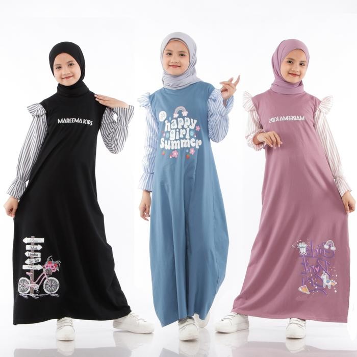Gamis Anak Perempuan Kaos Muslimah - Dress Anak Tanggung Baju Muslim Panjang Nyaman Motif Salur