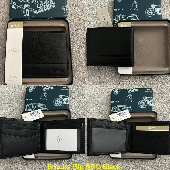 NWT Dompet Pria Fossil Brooks RFID Black with Tin Box