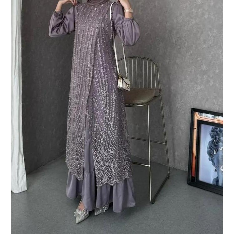 Fuji Dress Brukat Tille Akar Premium Gamis Pesta Wanita Mewah Terbaru 2024 Gaun Kondangan Jumbo Ukur