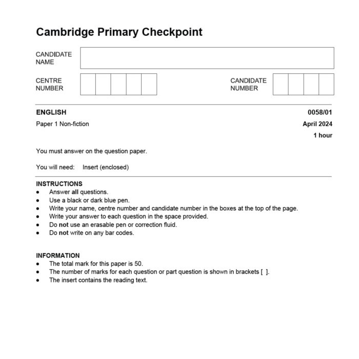 

[Hardcopy] Cambridge Primary Checkpoint English April 2024