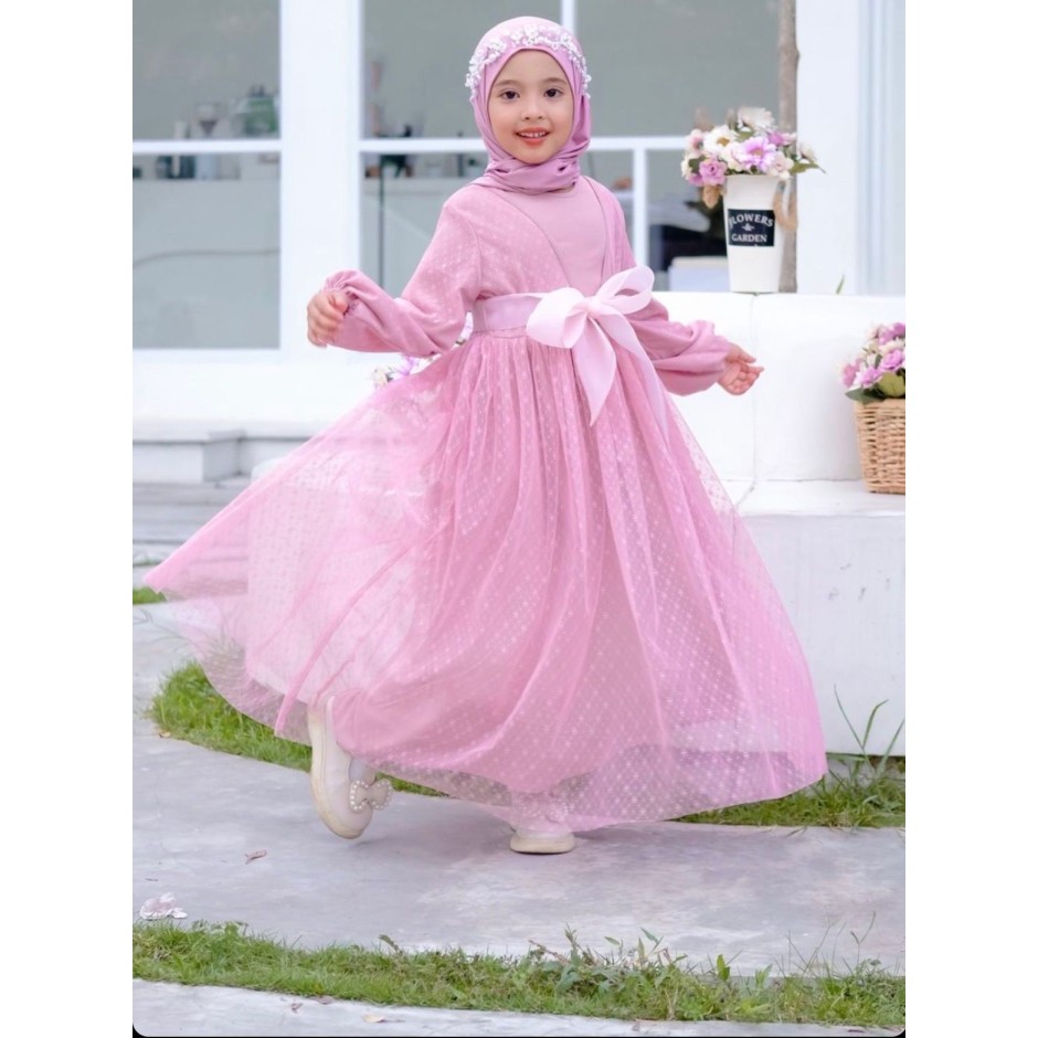 Gamis anak perempuan muslim mewah terbaru gaun putih mutiara panjang tile lebaran Ladys Kid