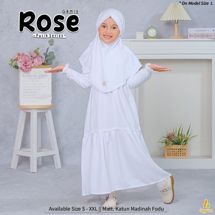 Heppinn-Gamis Kids Rose Putih Series Katun Madinah Fodu Set Hijab Anak