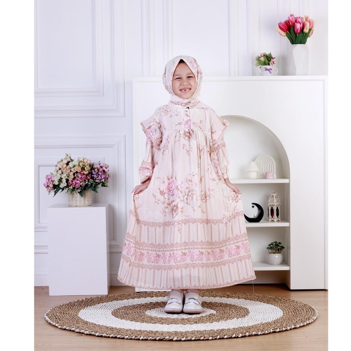Dungdungkids Gamis Anak Vanesha Ceruty Motif Bunga Plisket Free Jilbab Segi Empat 5 - 11 Tahun
