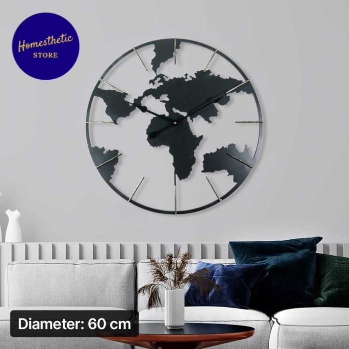 Jam Dinding Besar World Map Peta Dunia Globe Design Iron Silent Movement 60Cm Jam Dinding Elegan