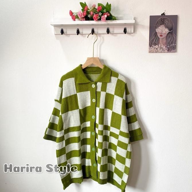 Raisa Cardigan Rajut Kerah Motif Kotak Oversize Knitwear Wanita From Harira Style Tebal Original Dan