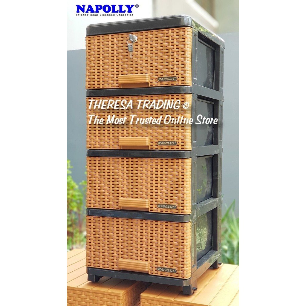 BEBAS ONGKIR - LEMARI PLASTIK NAPOLLY CONTAC SUSUN 4 MOTIF ROTAN + RODA + KUNCI LACI