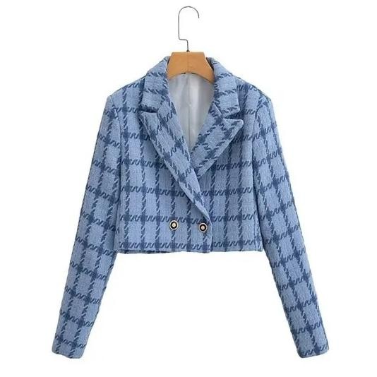 Murah Blazer Crop Wanita Tweed Blue, Pink, Brown Plaid