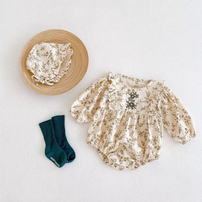 Romper Bunga Jotol Anak Perempuan Bayi perempuan Newborn sampai 2 tahun Bonet Topi bayi Cream motif