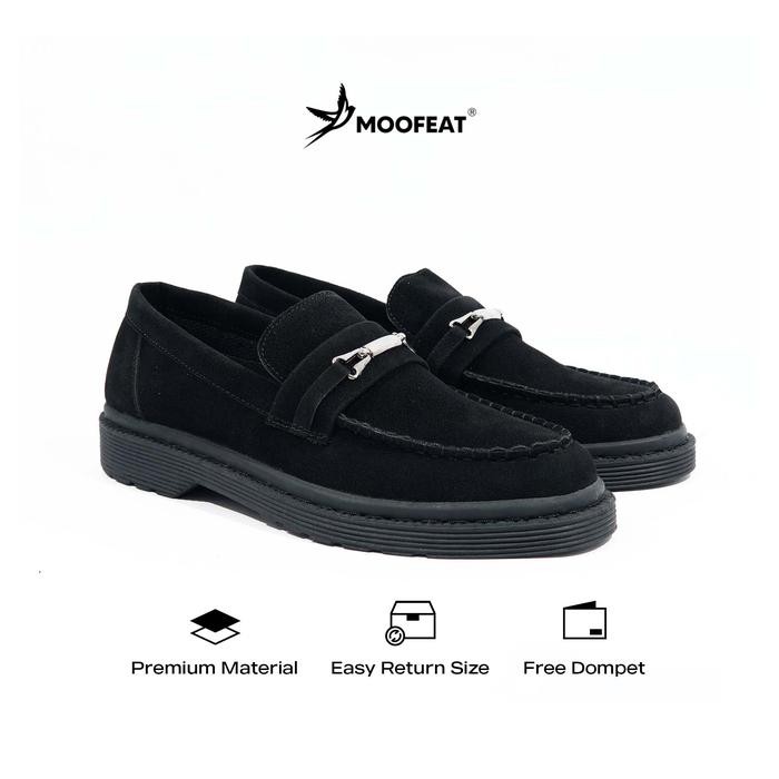 Moofeat Zora - Sepatu Penny Loafers Suede Kulit Casual Pria Wanita Black Flat Shoes Sneakers Kerja