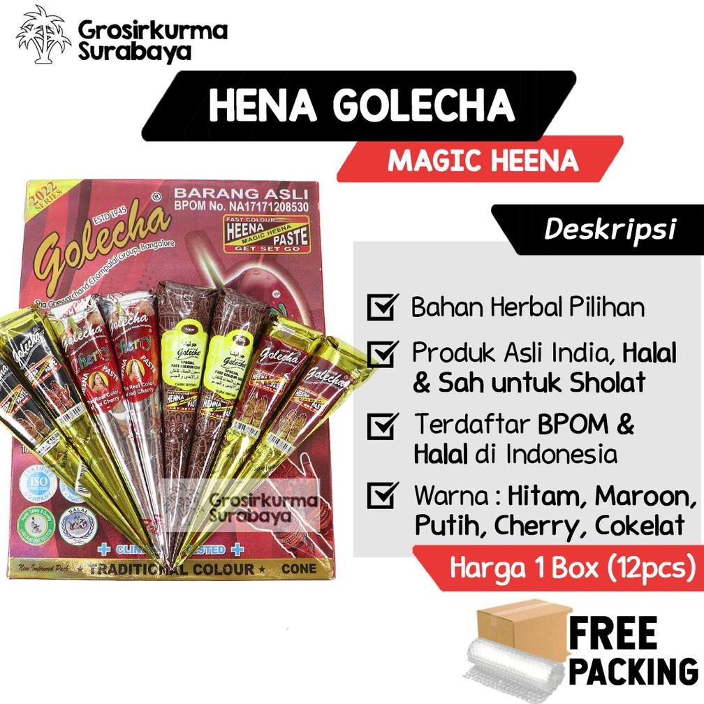 

TERMURAH 1 LUSIN (12Pcs) Heena/Henna/Hena Golecha BPOM Maroon Red Cherry Hitam Cokelat Halal Herbal Dekorasi ad-56