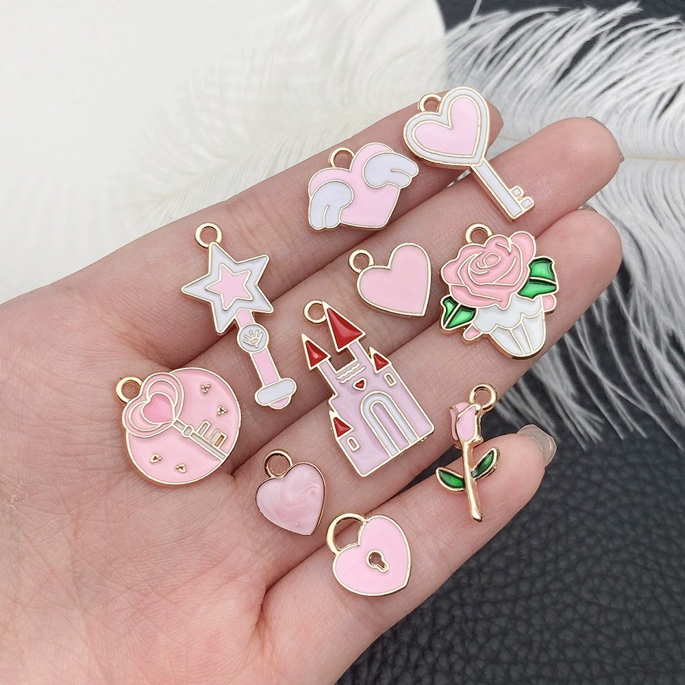 PINK Enamel Charm Liontin Keychain Kalung Gelang DIY Lucu Kupu Hati Couple