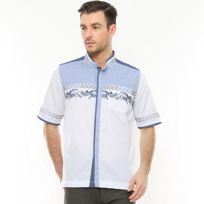 Lgs - Baju Koko - Motif Bordir - Putih Biru- Regular Fit