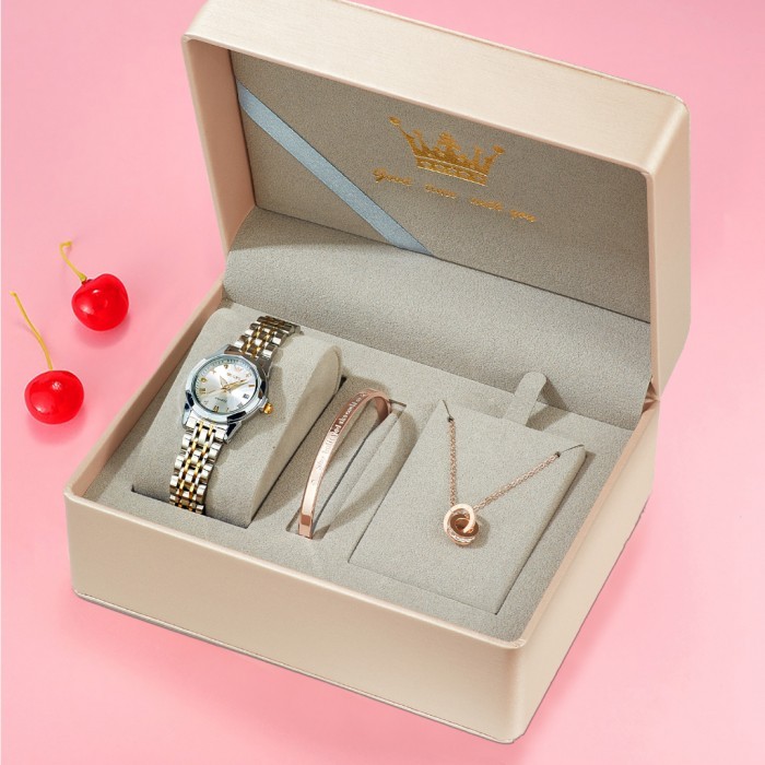 KOMPLIT Olevs Jam Tangan wanita Set + Kalung + Gelang Original Luminous Tahan air Korea Stainless