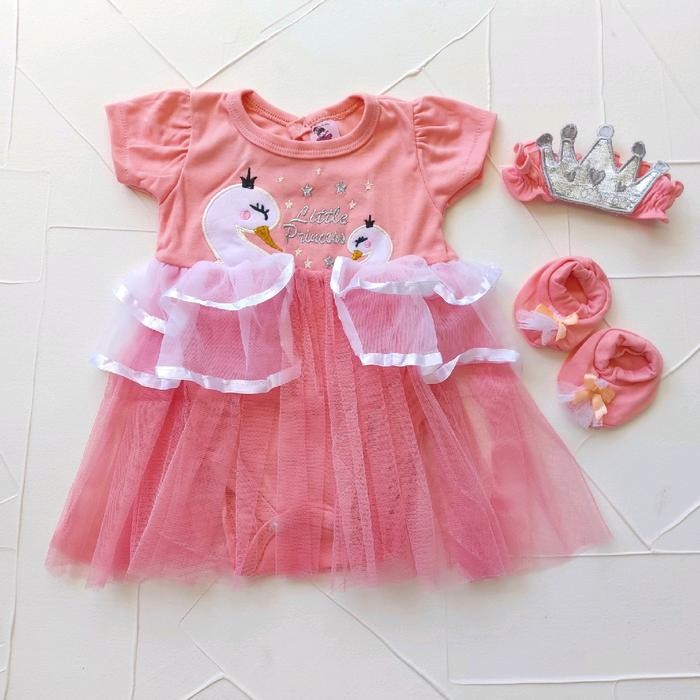 Baju Anak Bayi Perempuan Setelan Jumper Cantik Swan Dress Set Sepatu Bando Baby Girl