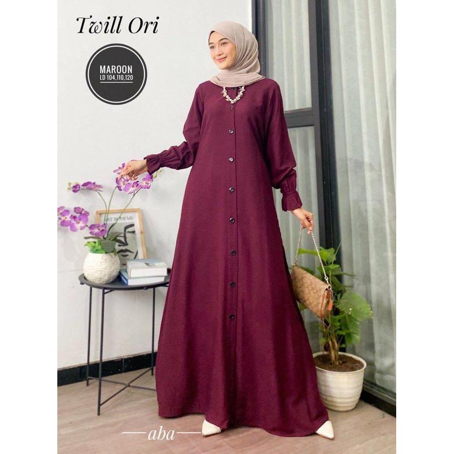 Gamis Polos Twil Ori Dress Panjang Busui Tali Samping Muslim Twill Kancing Cantik Karet Wudhu Kain L