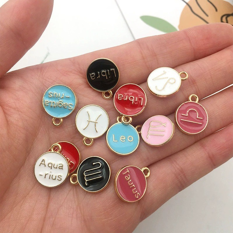 ZODIAC Sagitarius Leo Gemini Enamel Charm Liontin Keychain Kalung Gelang DIY Lucu Couple