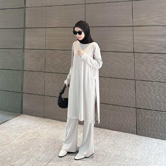 Yura Setelan Tunik Kulot Snowy Rib Knit Polos Set 2 in 1 Wanita