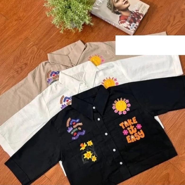 Daisy Shirt Kemeja Linen Crop ( Xoxo Smile Vibes)