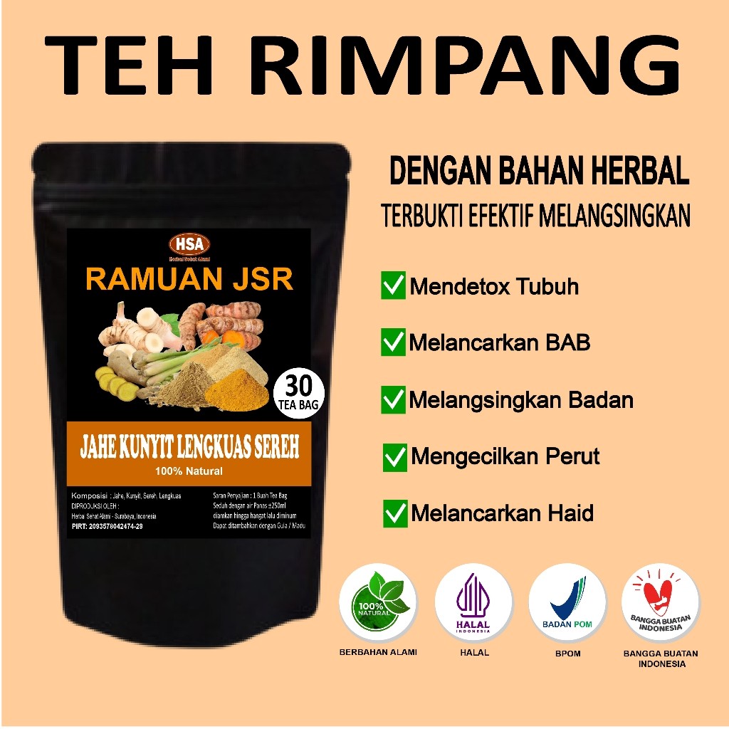 

sale TEH RIMPANG JAHE KUNYIT LENGKUAS SEREH - RAMUAN JSR - BY HSA - 30 KANTONG TEA BAG