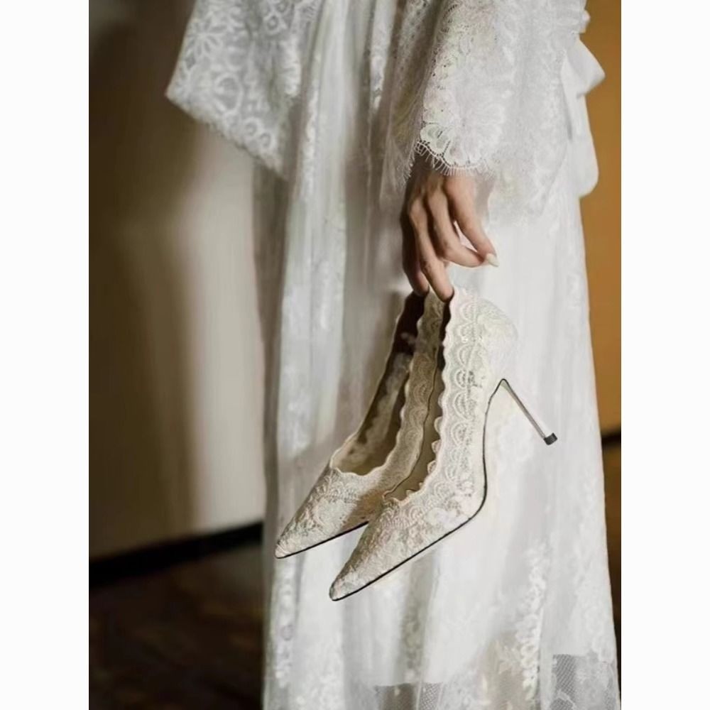 French Wedding Shoes Women's Fine Heels White Satin Lace Lace High Heels Bridal Shoes