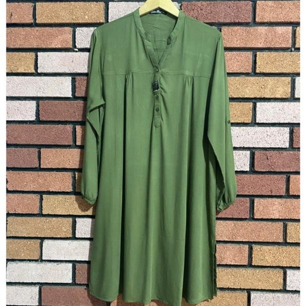 BERKUALITAS LONG TUNIK RAYON POLOS HIJAU ARMY DARK OLIVE ATASAN WANITA KEKINIAN BAJU CEWEK PAKAIAN P