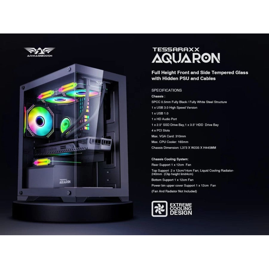 Casing PC Gaming Armaggeddon Aquaron Black + 3 Fan Luar – Case PC Armageddon Aquaron Hitam