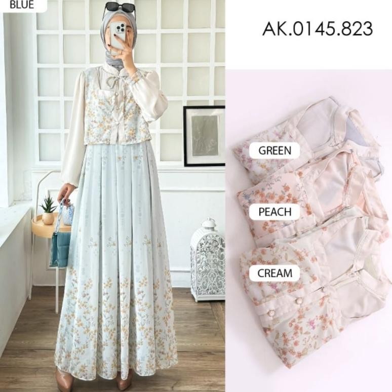 Kekinian Korean Dress Ceruty Cantik Vintage Motif Bunga Elegan Gamis Cantik Vintage Lipit Motif Bung