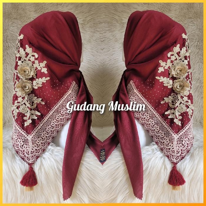 New Hijab Segi Empat Renda Payet Cantik Muslim Voal Motif Kerudung Nyaman Hitam Square Lembut