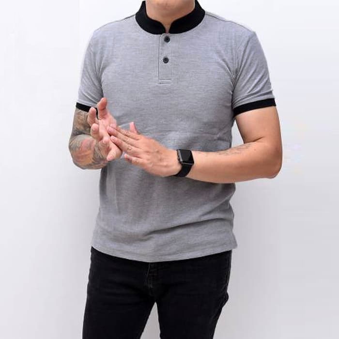 Kaos Polo Shirt Kerah Shanghai Polos Putih Pria Lengan Pendek 5 - Abu Muda, M