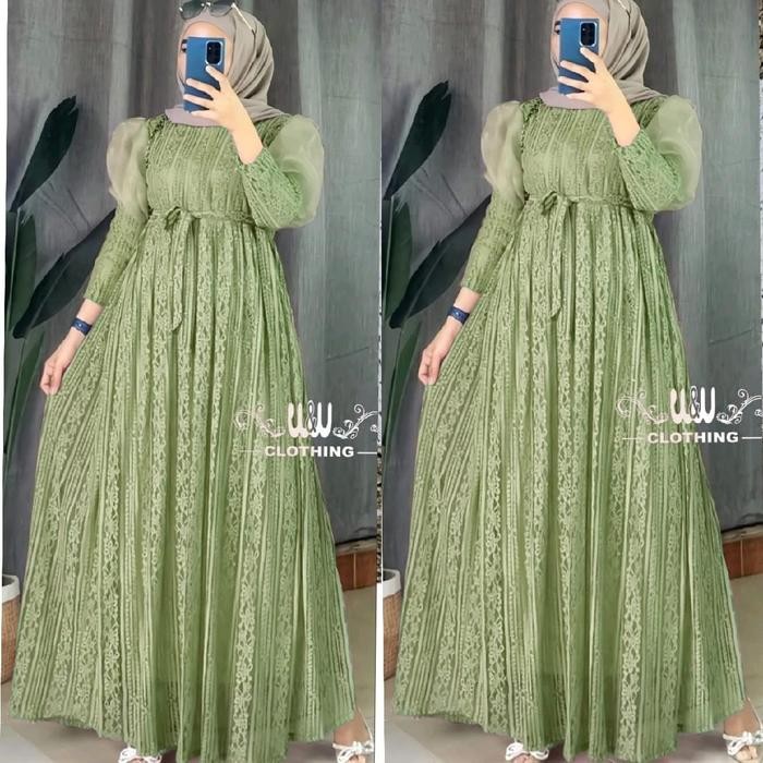 Alice Maxy Gamis Brokat Pesta Mewah Murah Terbaru Kekinian Brokat Organza Bunga Navy Hitam Dress