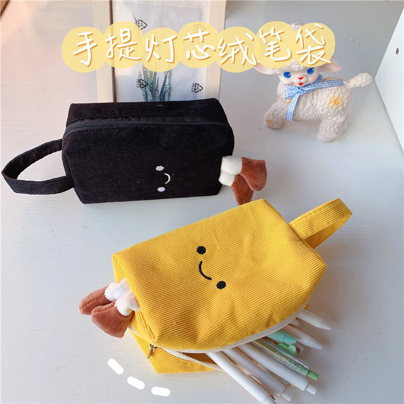 

Cute Pencil Case Embroidered Corduroy Handheld Smiley Face Large Capacity Pencil Box