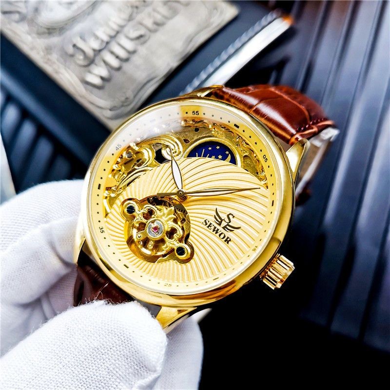 Jam Tangan Mekanis Pria Sepenuhnya Otomatis dengan Tourbillon Fase Bulan Bercahaya, Jam Tangan Skele