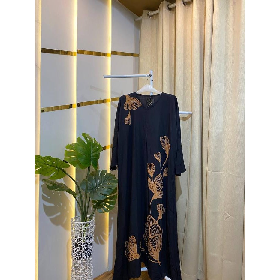 Rifina Abaya Tulip Dress Hitam Motif Batik Bunga Gamis Rayon Muslim Wanita