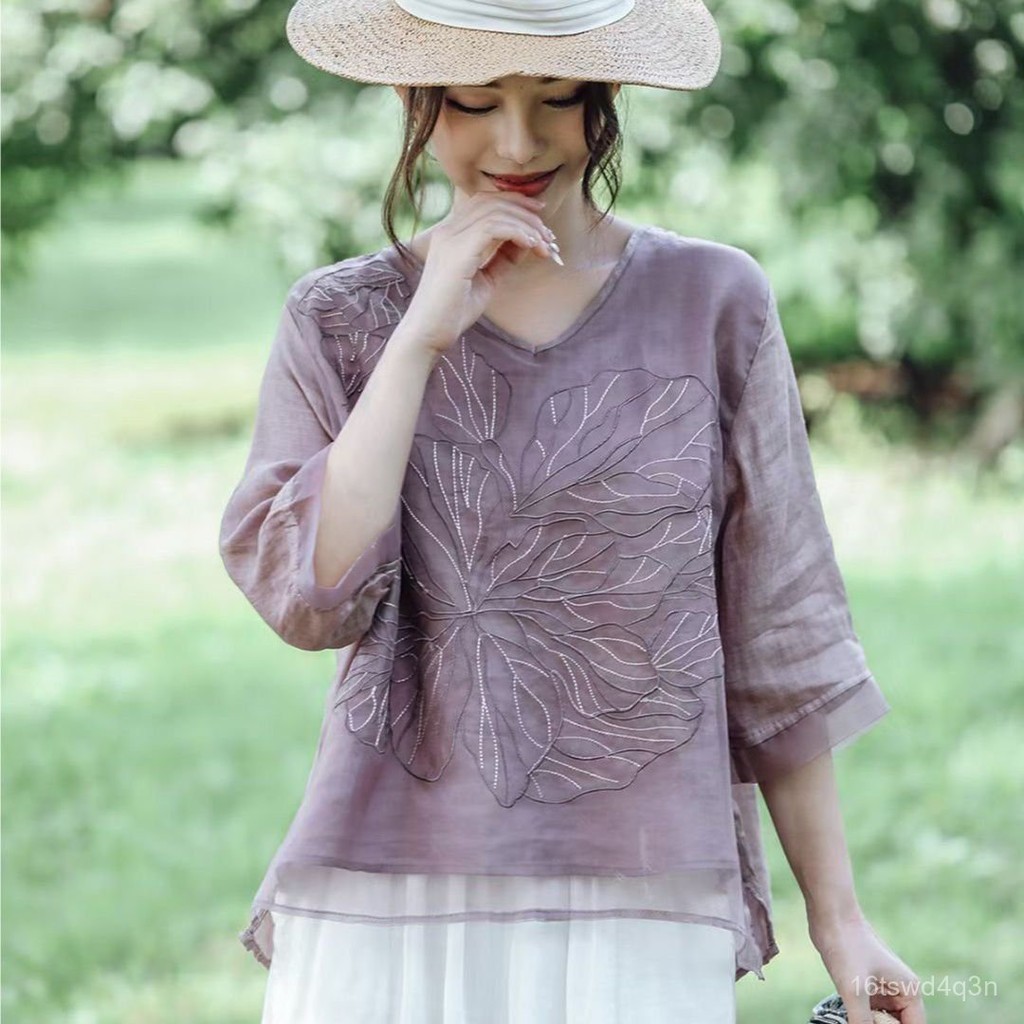 Kemeja Linen Katun Bordir Baru Wanita dengan Blus Patchwork Organza