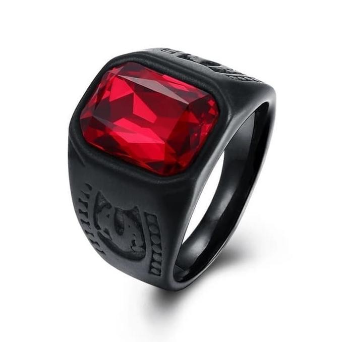Cincin Pria Cowok Keren Titanium Black Batu Merah Ruby