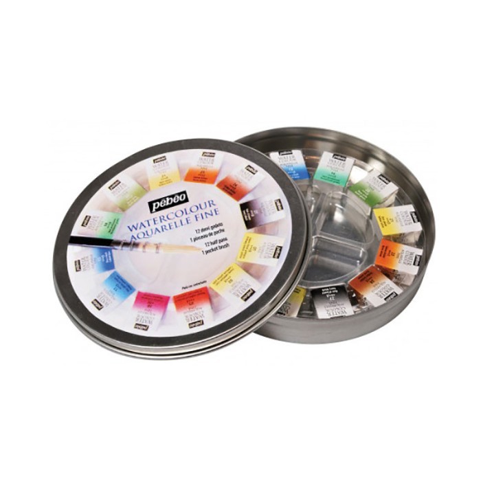

PEBEO Watercolour Aquarelle Fine 12 Half Pan Set Round Metal Case
