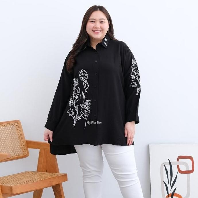 Kemeja Bordir Floral Jumbo Wanita 3886 Ld 125, 135, 145 & 155 cm / Atasan Kemeja Katun Jumbo Wanita 