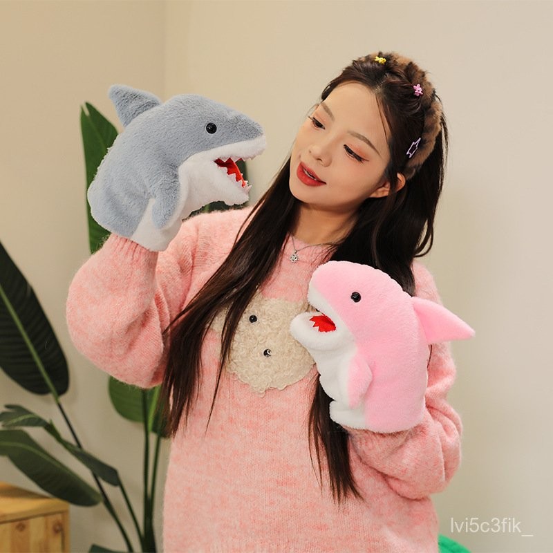 Boneka Sarung Tangan Hiu Kecil, Mulut Bergerak, Mainan Plush Lucu untuk Hadiah Ulang Tahun Unik