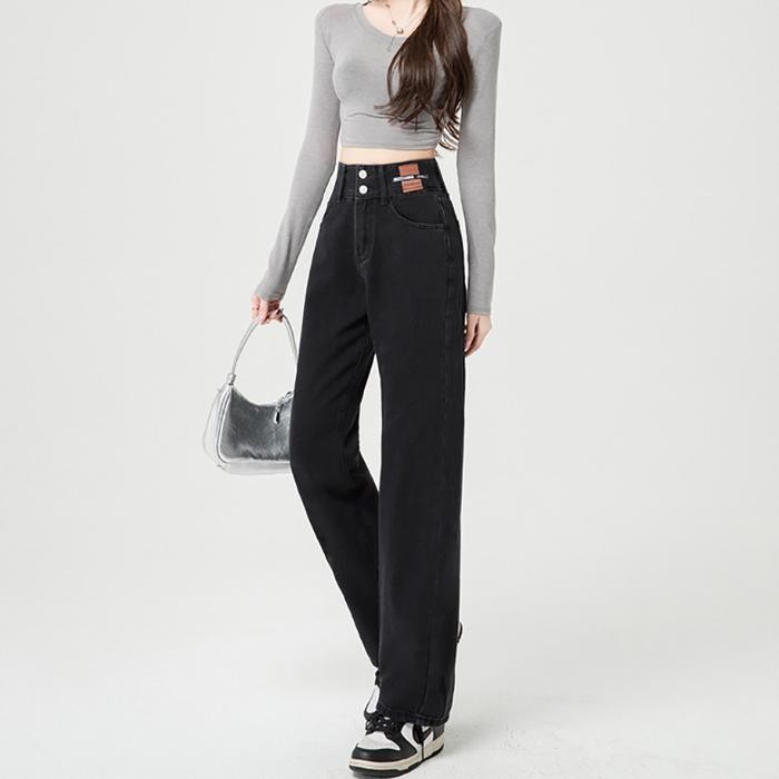 Celana Jeans Wanita Highwaist Kulot Premium Korean Style Panjang Hitam Fit Kaki Nyaman Slim Denim