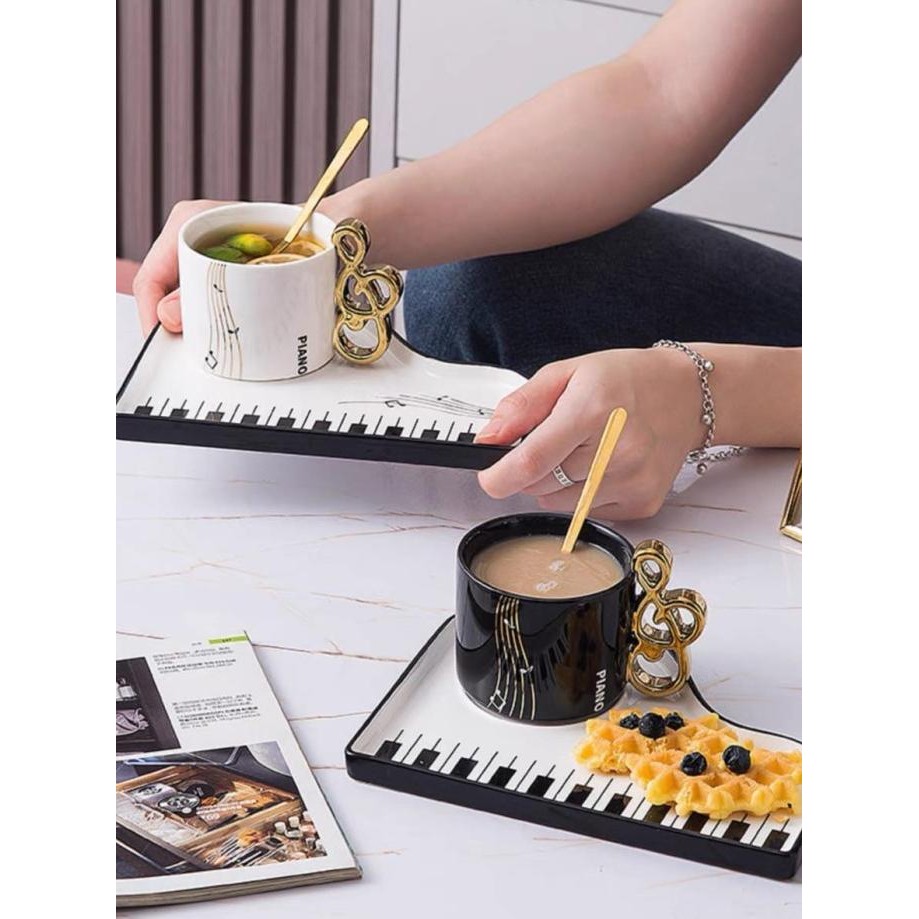 RANIA MUG GELAS KOPI SET PIANO HITAM PUTIH / GELAS CANGKIR TEH PERLENGKAPAN