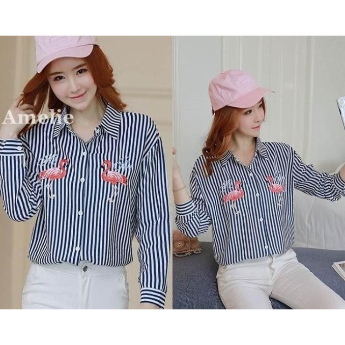 Baju Atasan Hem Kemeja Bordir Flamingo Garis Putih Blouse Tunik Import
